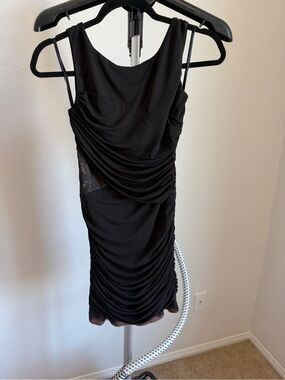 BCBGMaxAzria Black Ruched Mini Dress with Lace Insets